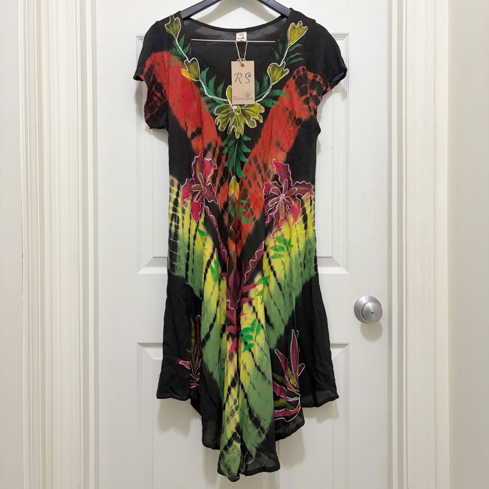 NEW Riviera Sun Rasta Tie Dye Embroidered Dress 1X Black Festival Island Boho